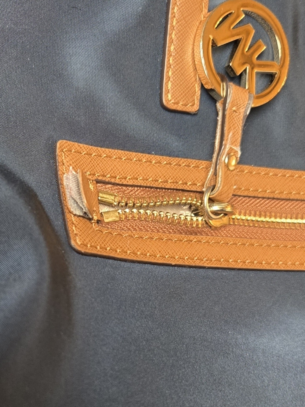 Michael Kors Navy Nylon Tote with Brown Trim and Gold Accents - Picture 5 of 6